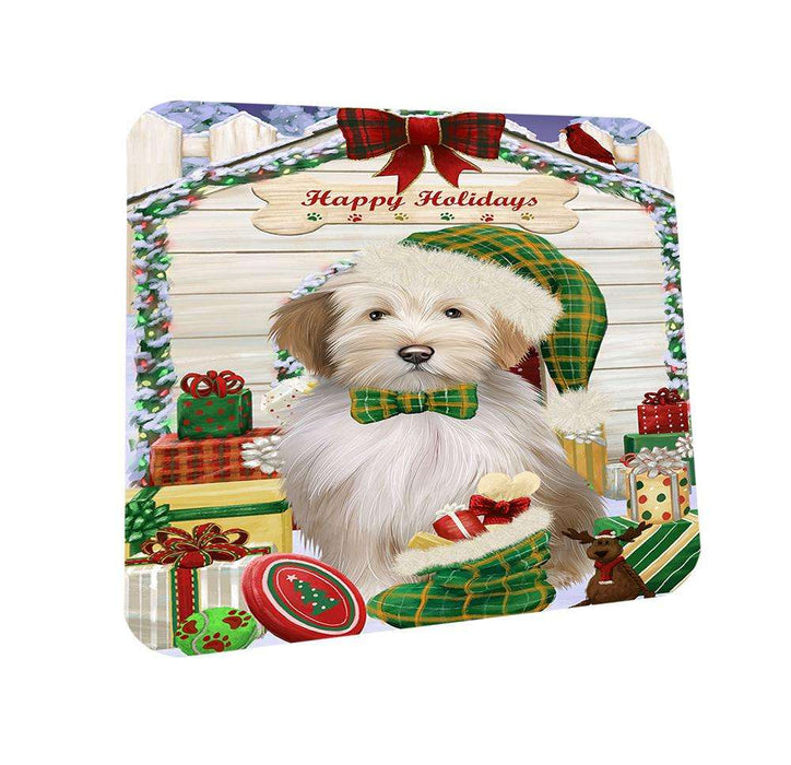Happy Holidays Christmas Tibetan Terrier Dog House With Presents Coasters Set of 4 CST51475