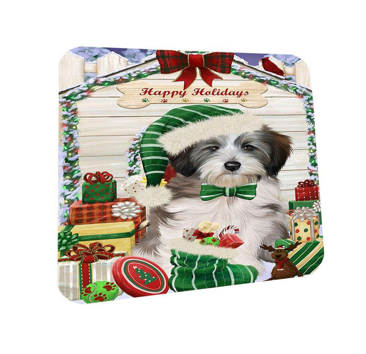 Happy Holidays Christmas Tibetan Terrier Dog House With Presents Coasters Set of 4 CST51476