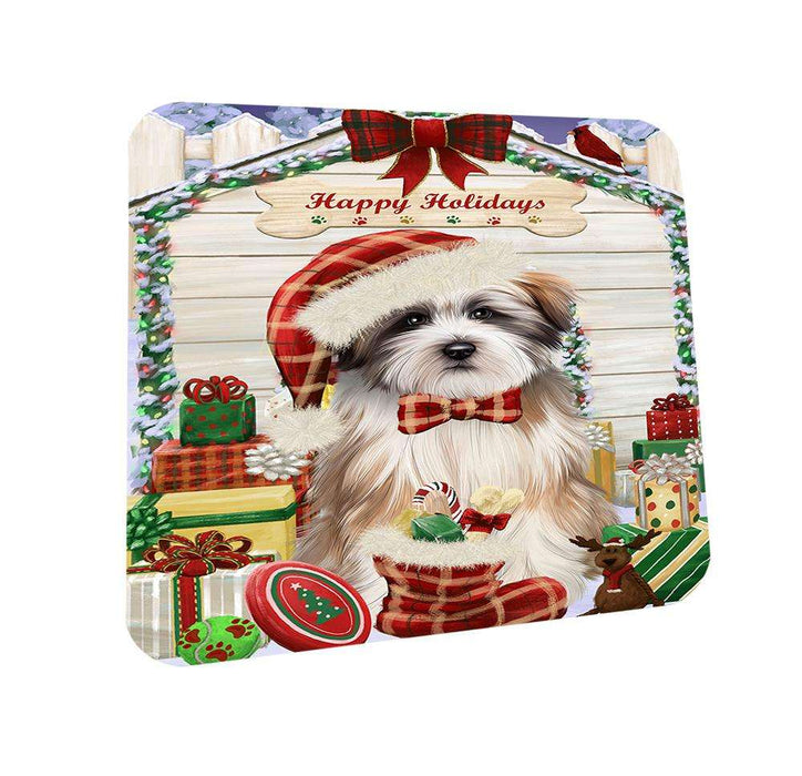 Happy Holidays Christmas Tibetan Terrier Dog House With Presents Coasters Set of 4 CST51477