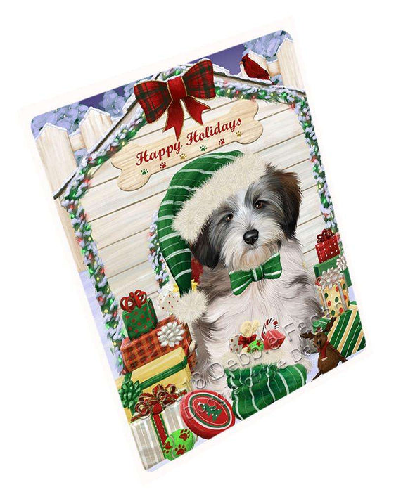 Happy Holidays Christmas Tibetan Terrier Dog House with Presents Cutting Board C58800