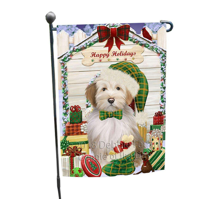 Happy Holidays Christmas Tibetan Terrier Dog House With Presents Garden Flag GFLG51513