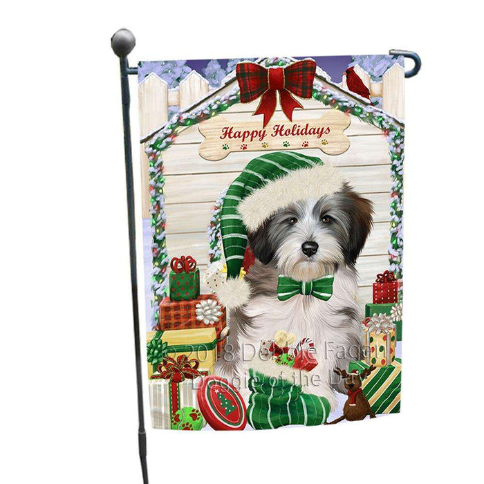 Happy Holidays Christmas Tibetan Terrier Dog House With Presents Garden Flag GFLG51514