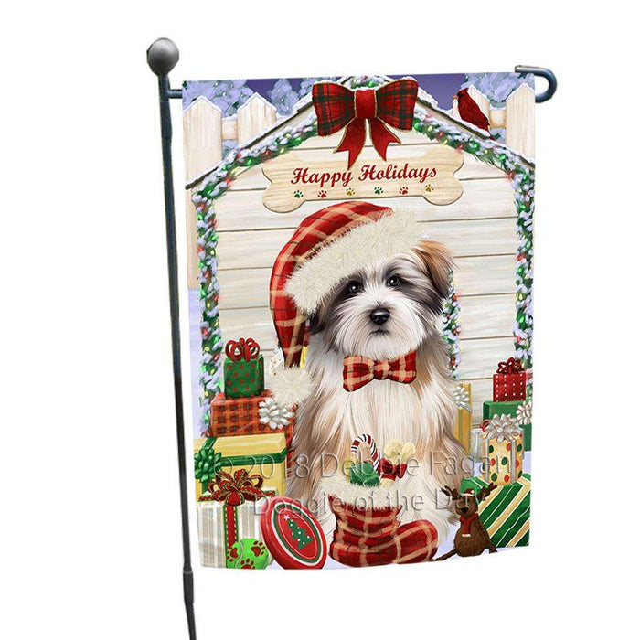 Happy Holidays Christmas Tibetan Terrier Dog House With Presents Garden Flag GFLG51515