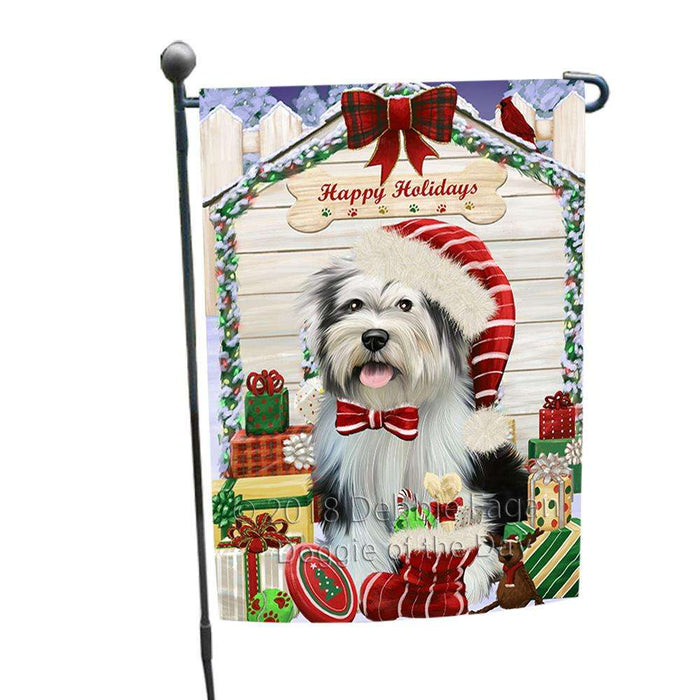 Happy Holidays Christmas Tibetan Terrier Dog House With Presents Garden Flag GFLG51516