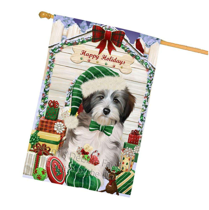 Happy Holidays Christmas Tibetan Terrier Dog House With Presents House Flag FLG51650