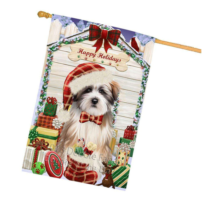 Happy Holidays Christmas Tibetan Terrier Dog House With Presents House Flag FLG51651