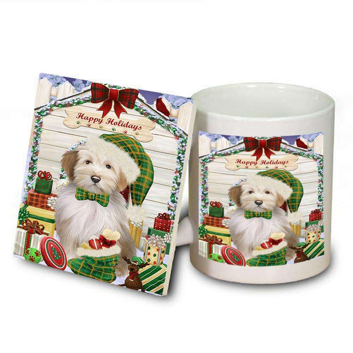 Happy Holidays Christmas Tibetan Terrier Dog House With Presents Mug and Coaster Set MUC51508