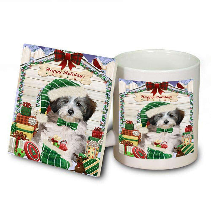Happy Holidays Christmas Tibetan Terrier Dog House With Presents Mug and Coaster Set MUC51509