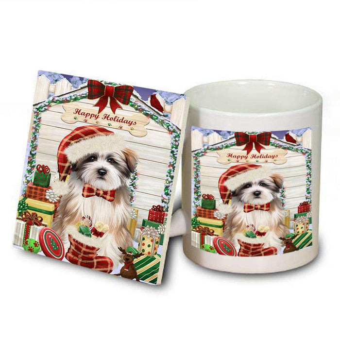 Happy Holidays Christmas Tibetan Terrier Dog House With Presents Mug and Coaster Set MUC51510