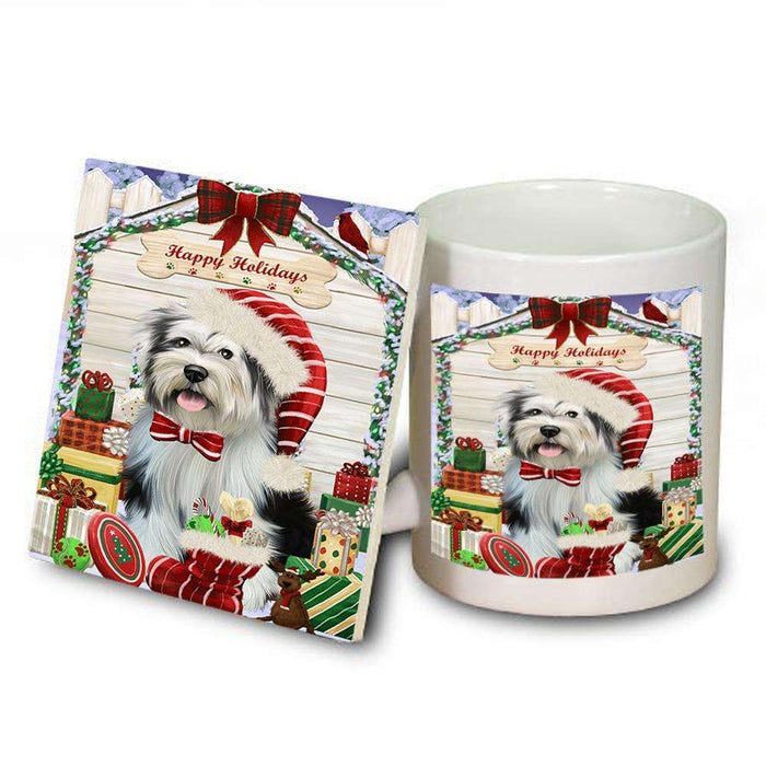 Happy Holidays Christmas Tibetan Terrier Dog House With Presents Mug and Coaster Set MUC51511
