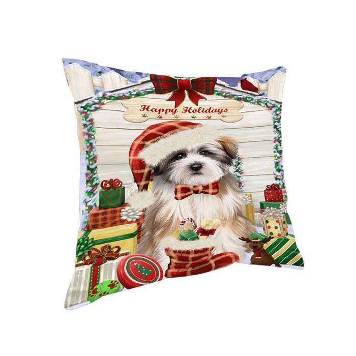 Happy Holidays Christmas Tibetan Terrier Dog House with Presents Pillow PIL62436