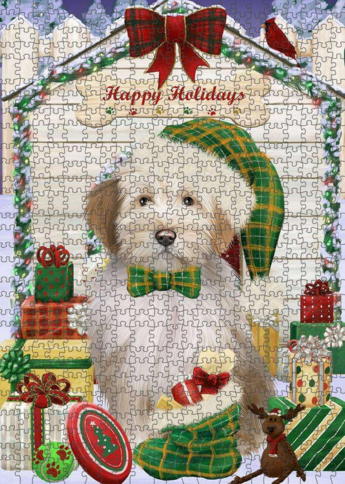 Happy Holidays Christmas Tibetan Terrier Dog House with Presents Puzzle with Photo Tin PUZL58635