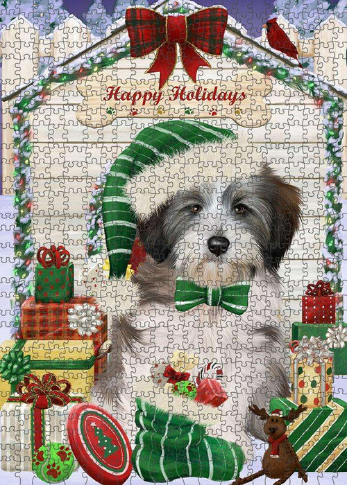 Happy Holidays Christmas Tibetan Terrier Dog House with Presents Puzzle with Photo Tin PUZL58638