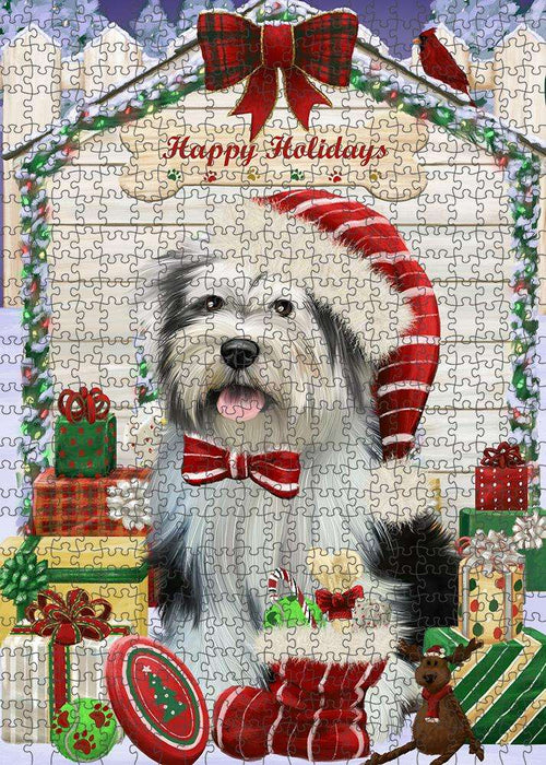 Happy Holidays Christmas Tibetan Terrier Dog House with Presents Puzzle with Photo Tin PUZL58644