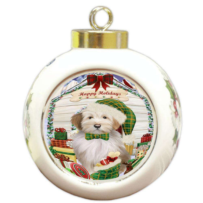 Happy Holidays Christmas Tibetan Terrier Dog House With Presents Round Ball Christmas Ornament RBPOR51516