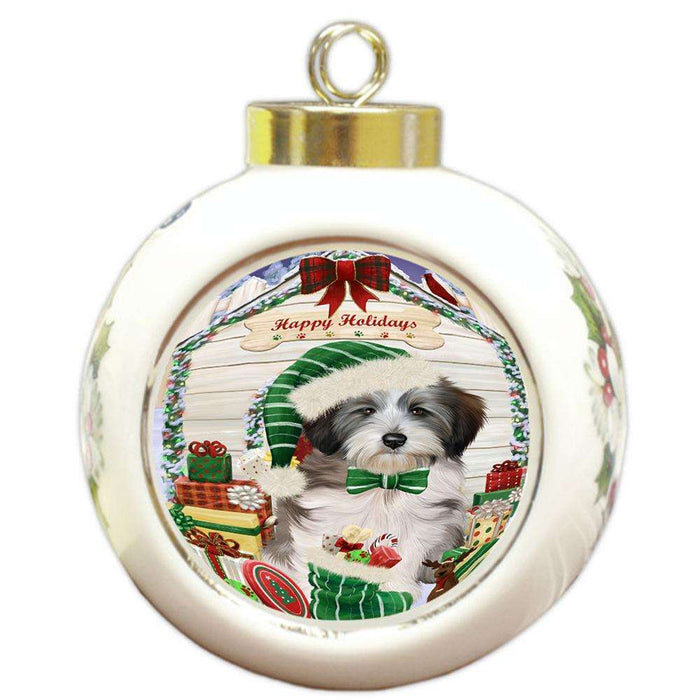 Happy Holidays Christmas Tibetan Terrier Dog House With Presents Round Ball Christmas Ornament RBPOR51517