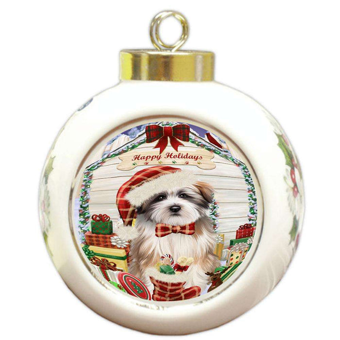 Happy Holidays Christmas Tibetan Terrier Dog House With Presents Round Ball Christmas Ornament RBPOR51518