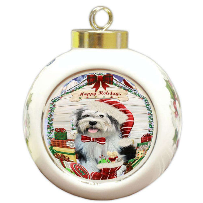 Happy Holidays Christmas Tibetan Terrier Dog House With Presents Round Ball Christmas Ornament RBPOR51519
