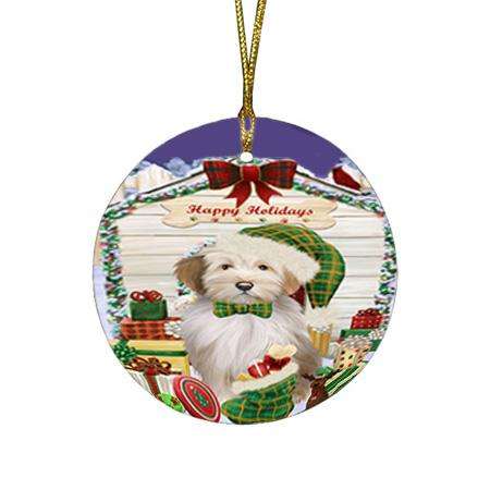 Happy Holidays Christmas Tibetan Terrier Dog House With Presents Round Flat Christmas Ornament RFPOR51507