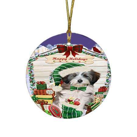 Happy Holidays Christmas Tibetan Terrier Dog House With Presents Round Flat Christmas Ornament RFPOR51508