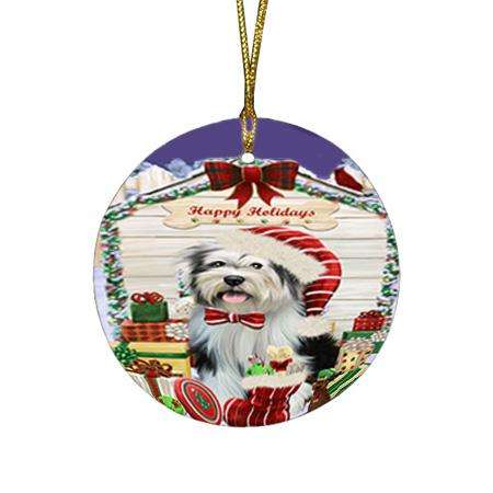 Happy Holidays Christmas Tibetan Terrier Dog House With Presents Round Flat Christmas Ornament RFPOR51510