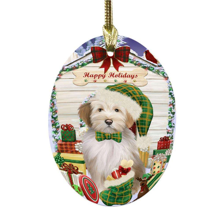 Happy Holidays Christmas Tibetan Terrier House With Presents Oval Glass Christmas Ornament OGOR49978