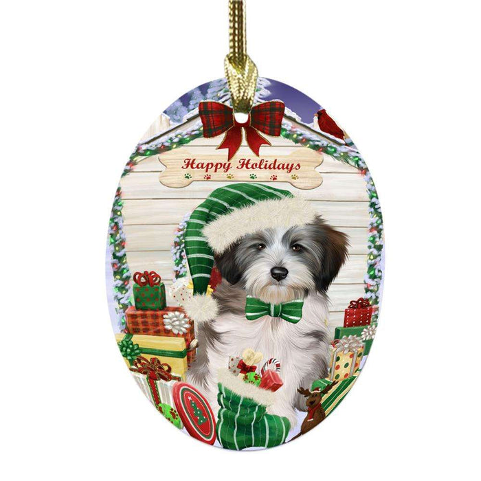 Happy Holidays Christmas Tibetan Terrier House With Presents Oval Glass Christmas Ornament OGOR49979