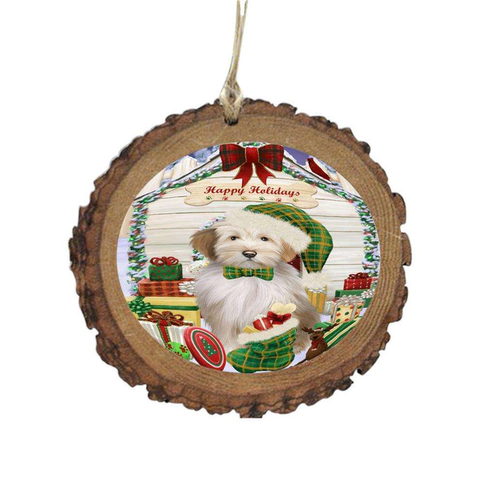 Happy Holidays Christmas Tibetan Terrier House With Presents Wooden Christmas Ornament WOR49978