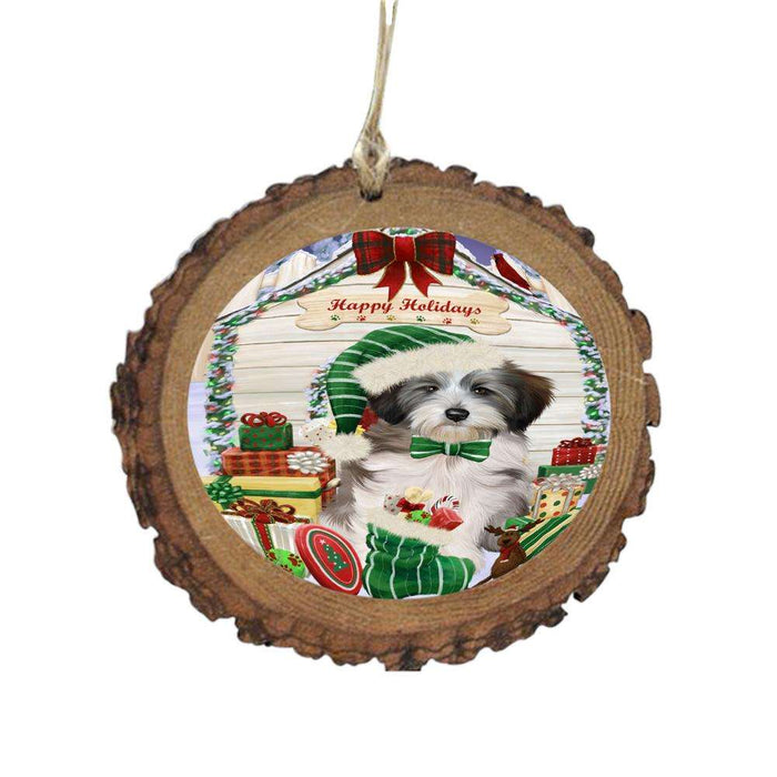 Happy Holidays Christmas Tibetan Terrier House With Presents Wooden Christmas Ornament WOR49979