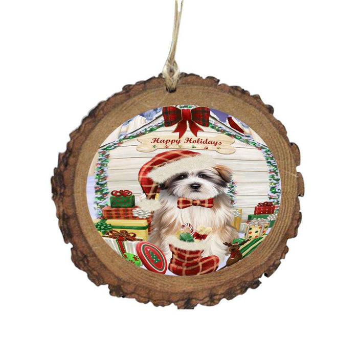Happy Holidays Christmas Tibetan Terrier House With Presents Wooden Christmas Ornament WOR49980