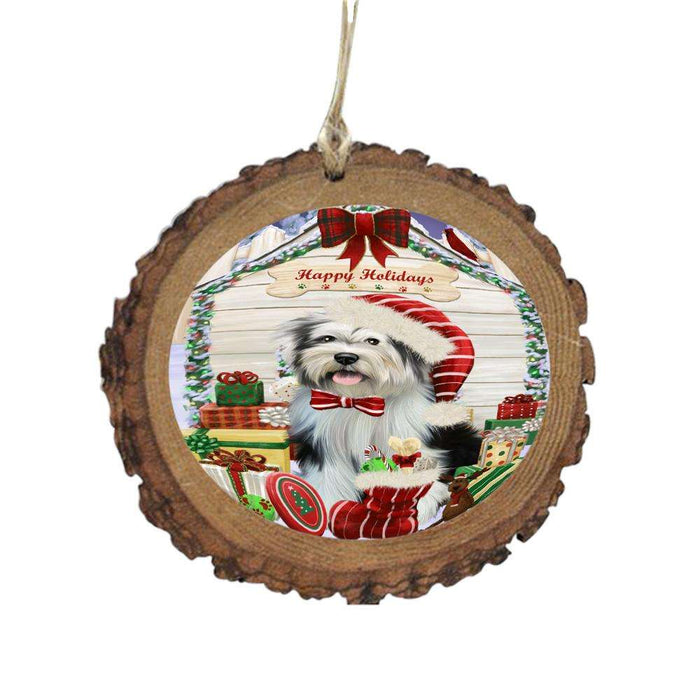 Happy Holidays Christmas Tibetan Terrier House With Presents Wooden Christmas Ornament WOR49981