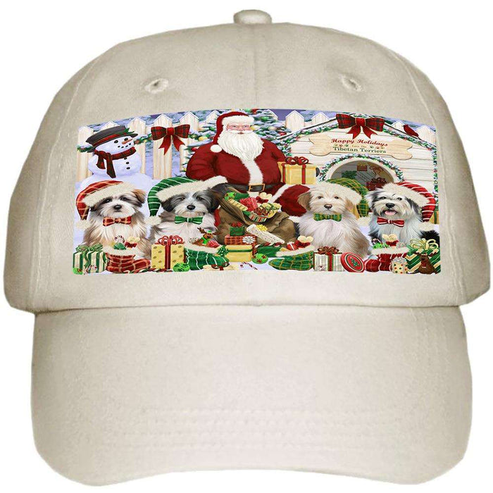 Happy Holidays Christmas Tibetan Terriers Dog House Gathering Ball Hat Cap HAT58140