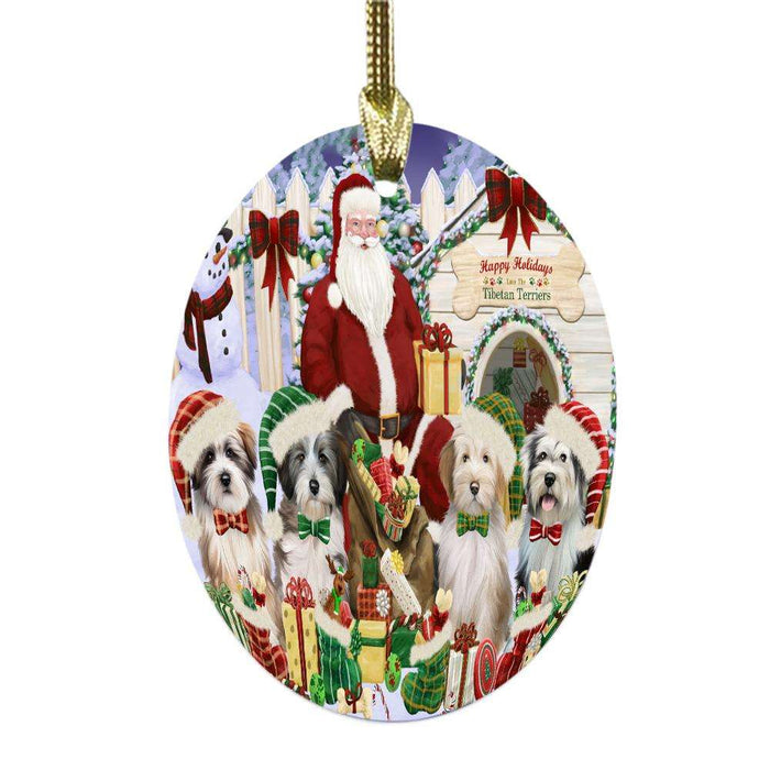 Happy Holidays Christmas Tibetan Terriers Dog House Gathering Oval Glass Christmas Ornament OGOR49731