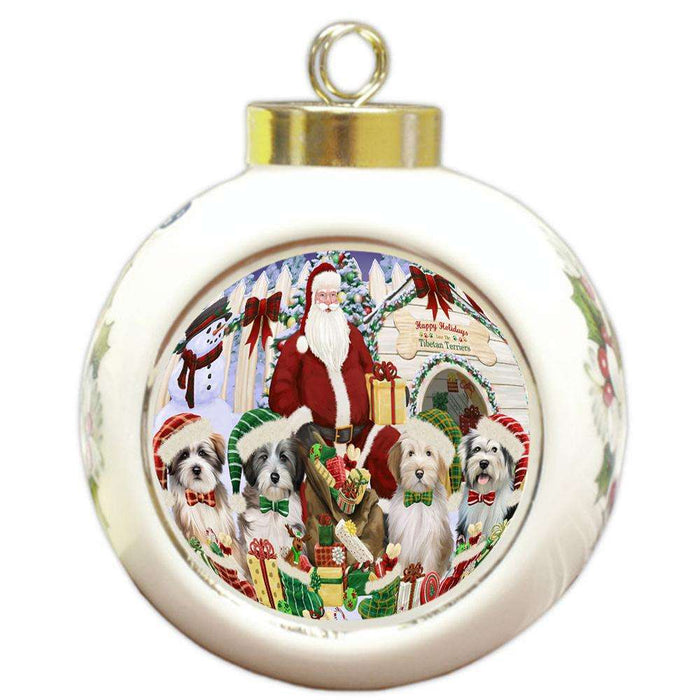 Happy Holidays Christmas Tibetan Terriers Dog House Gathering Round Ball Christmas Ornament RBPOR51469
