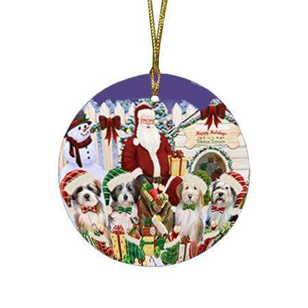 Happy Holidays Christmas Tibetan Terriers Dog House Gathering Round Flat Christmas Ornament RFPOR51460