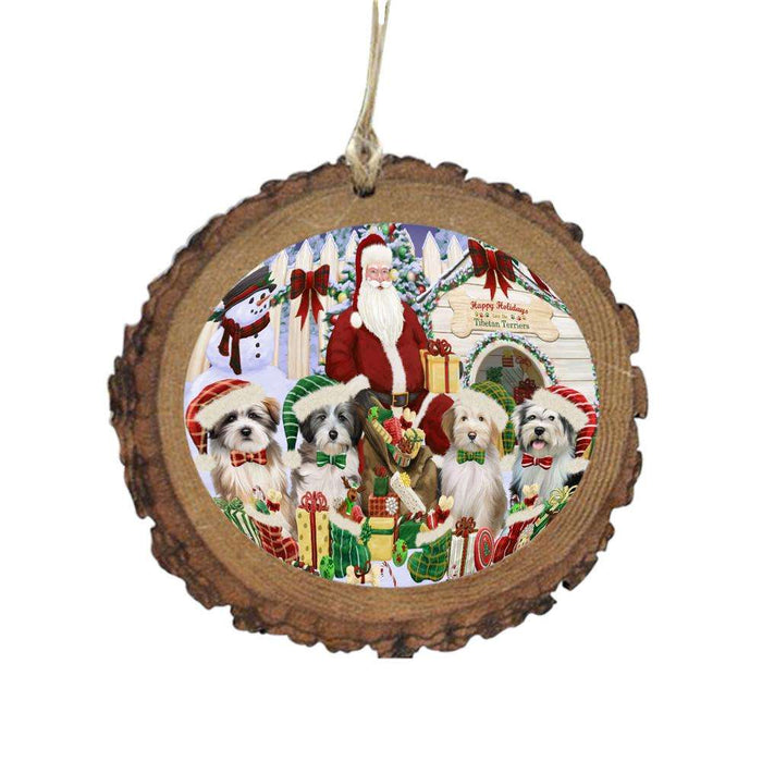 Happy Holidays Christmas Tibetan Terriers Dog House Gathering Wooden Christmas Ornament WOR49731
