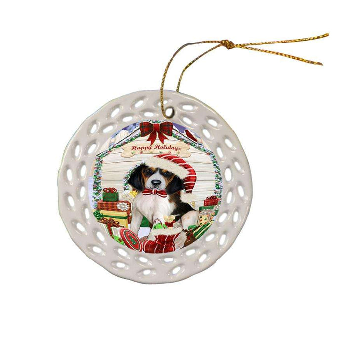 Happy Holidays Christmas Treeing Walker Coonhound Dog House With Presents Ceramic Doily Ornament DPOR51523