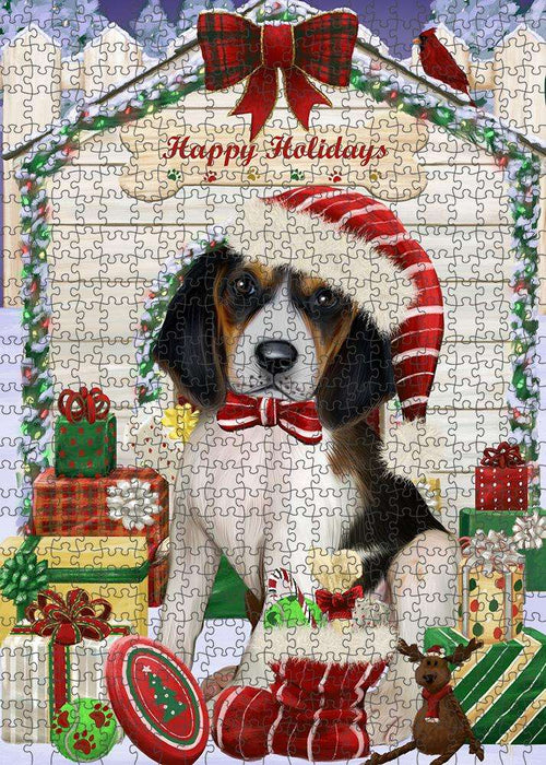 Happy Holidays Christmas Treeing Walker Coonhound Dog House with Presents Puzzle with Photo Tin PUZL58656