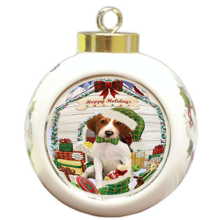 Happy Holidays Christmas Treeing Walker Coonhound Dog House With Presents Round Ball Christmas Ornament RBPOR51520