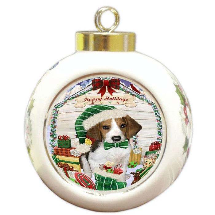 Happy Holidays Christmas Treeing Walker Coonhound Dog House With Presents Round Ball Christmas Ornament RBPOR51521