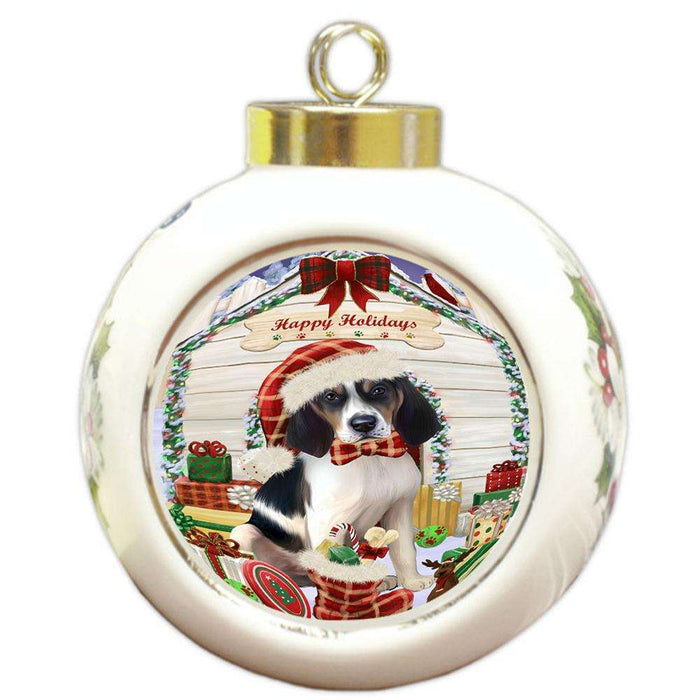 Happy Holidays Christmas Treeing Walker Coonhound Dog House With Presents Round Ball Christmas Ornament RBPOR51522