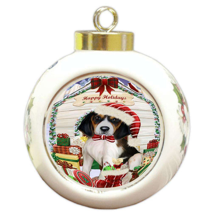 Happy Holidays Christmas Treeing Walker Coonhound Dog House With Presents Round Ball Christmas Ornament RBPOR51523