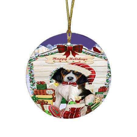 Happy Holidays Christmas Treeing Walker Coonhound Dog House With Presents Round Flat Christmas Ornament RFPOR51514