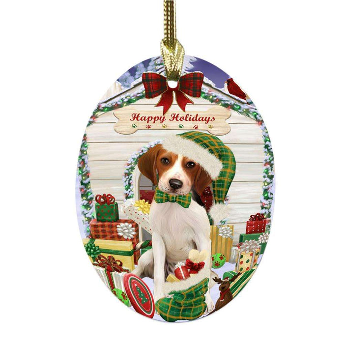 Happy Holidays Christmas Treeing Walker Coonhound House With Presents Oval Glass Christmas Ornament OGOR49982