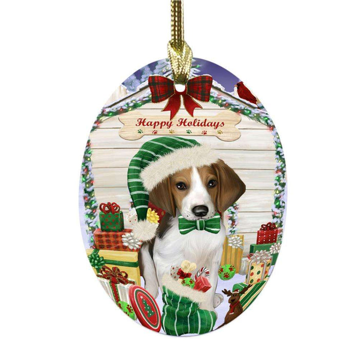 Happy Holidays Christmas Treeing Walker Coonhound House With Presents Oval Glass Christmas Ornament OGOR49983