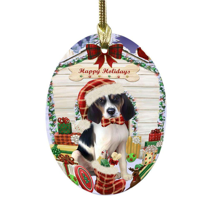 Happy Holidays Christmas Treeing Walker Coonhound House With Presents Oval Glass Christmas Ornament OGOR49984