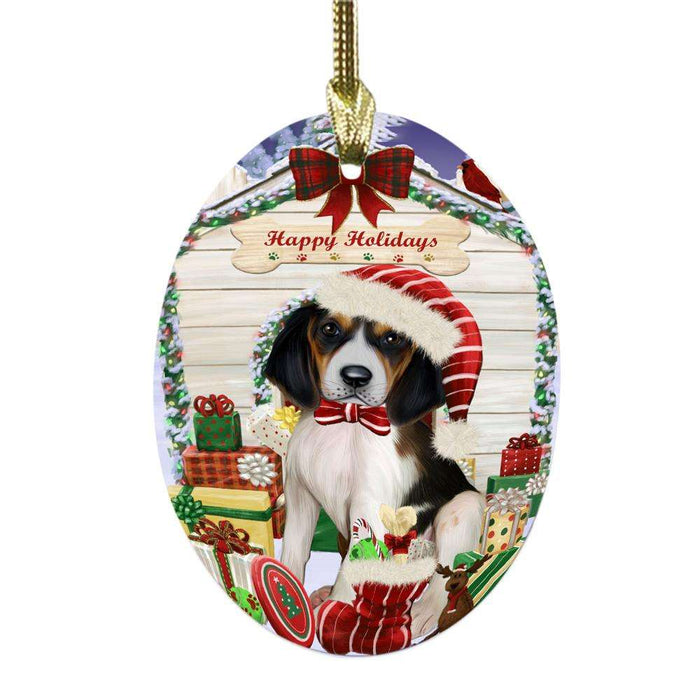 Happy Holidays Christmas Treeing Walker Coonhound House With Presents Oval Glass Christmas Ornament OGOR49985