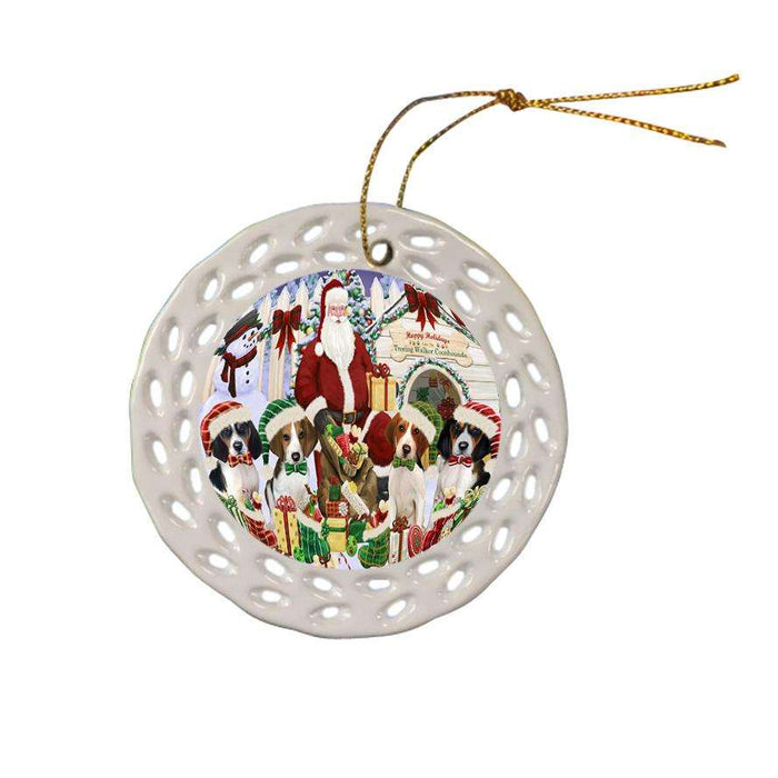 Happy Holidays Christmas Treeing Walker Coonhounds Dog House Gathering Ceramic Doily Ornament DPOR51470