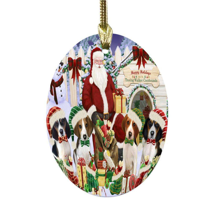 Happy Holidays Christmas Treeing Walker Coonhounds Dog House Gathering Oval Glass Christmas Ornament OGOR49732