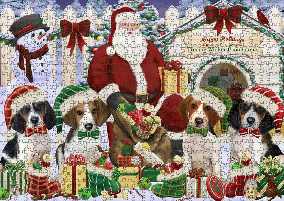Happy Holidays Christmas Treeing Walker Coonhounds Dog House Gathering Puzzle with Photo Tin PUZL58497